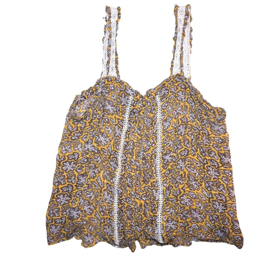 Anthropologie A+ Mustard Yellow Floral Paisley Lace Trim Button Front TankTop 2X